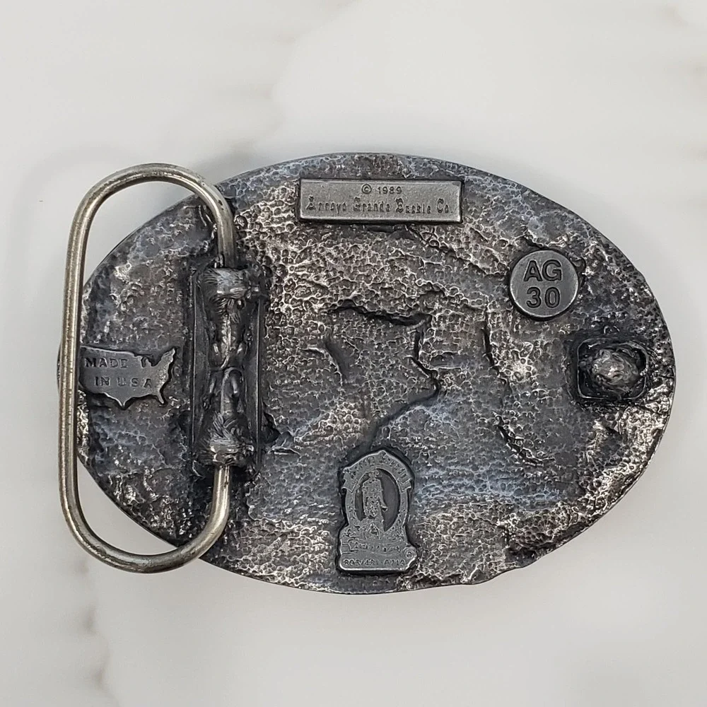 VTG Arroyo Grande Silver Enamel Skull Belt Buckle Feathers AG Western Cowboy USA